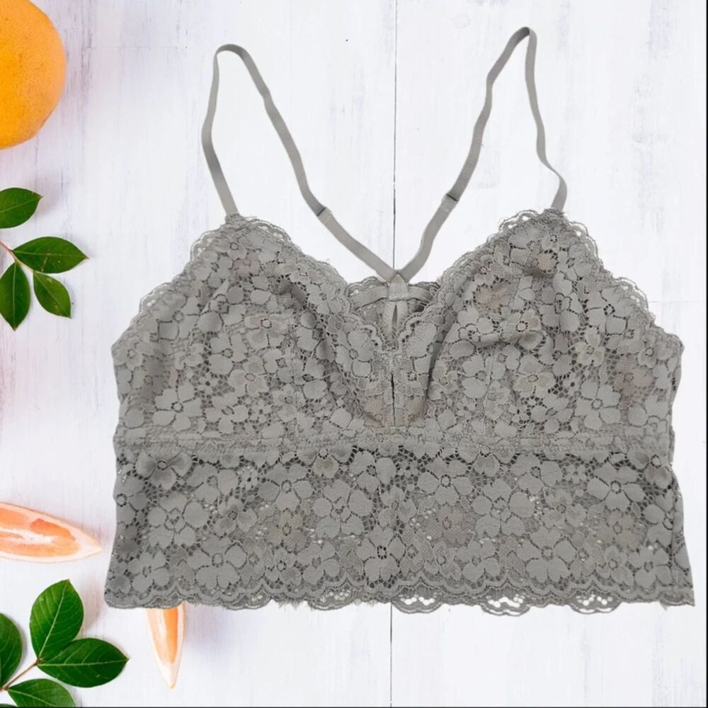 Aerie Lace Longline Bralette Womens Small Gray Floral Femenine Romantic